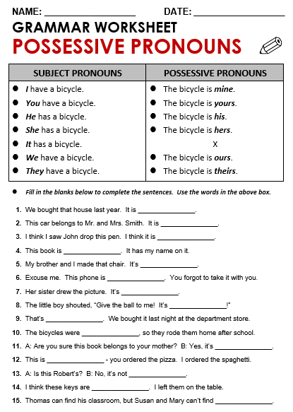Possessive Pronouns And Possessive Adjectives Exercises With Answers Pdf