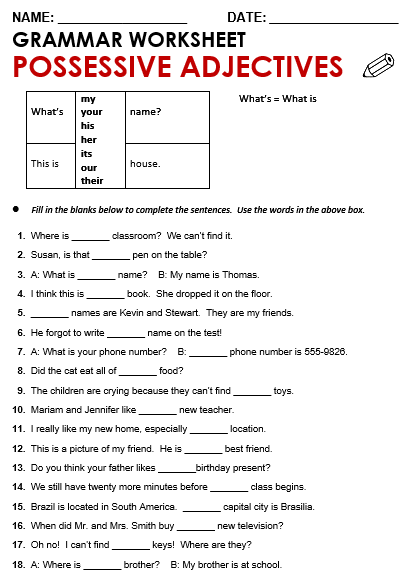 Possessive Adjectives Grade 4 Worksheet