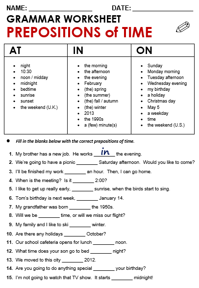 Prepositions of time and place exercises